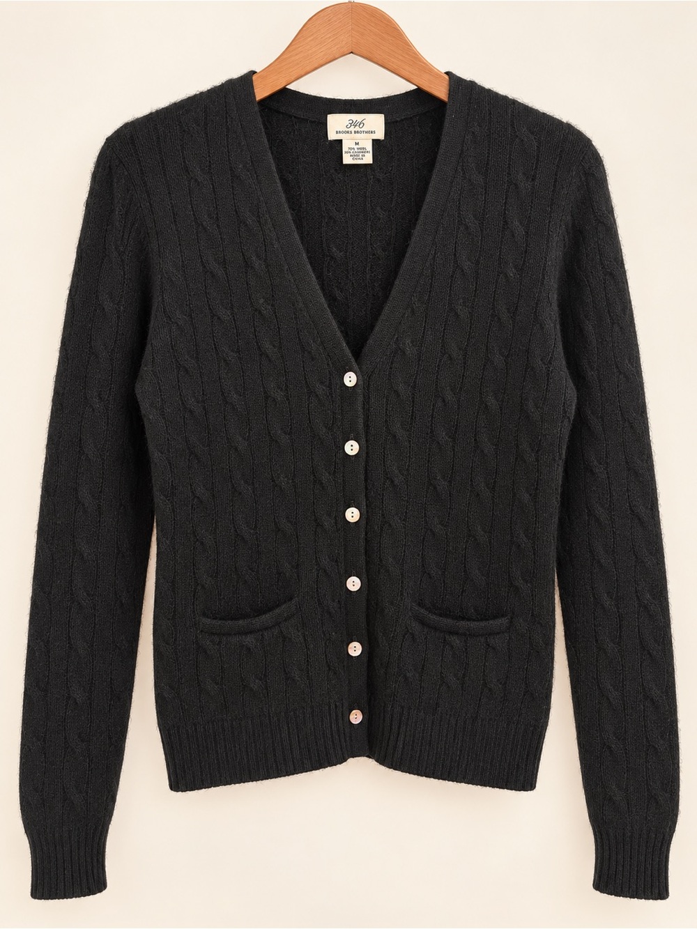 346 Brooks Brothers Black Wool Cashmere Cable Knit Cardigan Sweater M